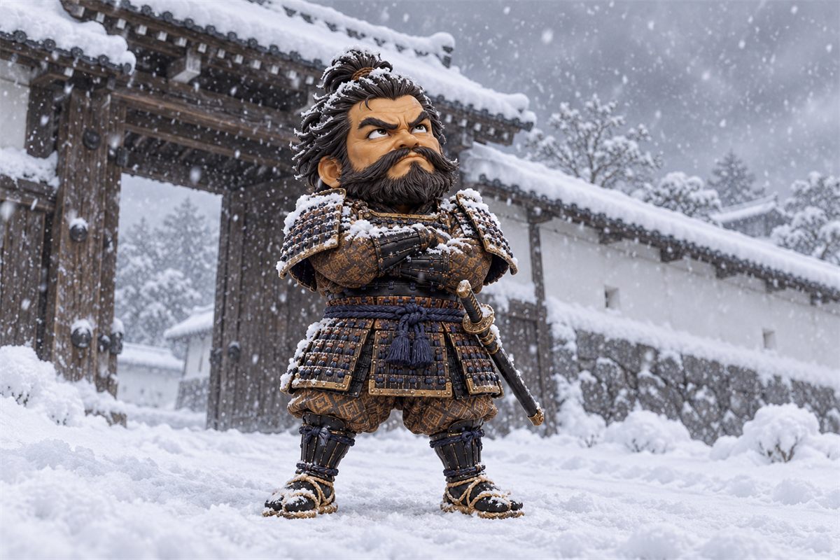 雪の降る城の門の前で、肩に雪をのせて空を見上げる甲冑姿の柴田勝家のイラスト