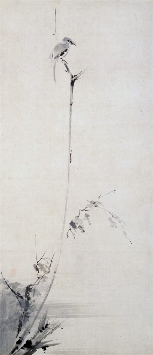 Miyamoto Musashi's ink painting of a shrike perched at the tip of a thin branch of a withered tree