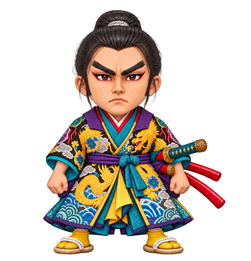 Illustration of Sasaki Kojiro in a showy robe with dragon patterns and a long sword at his side