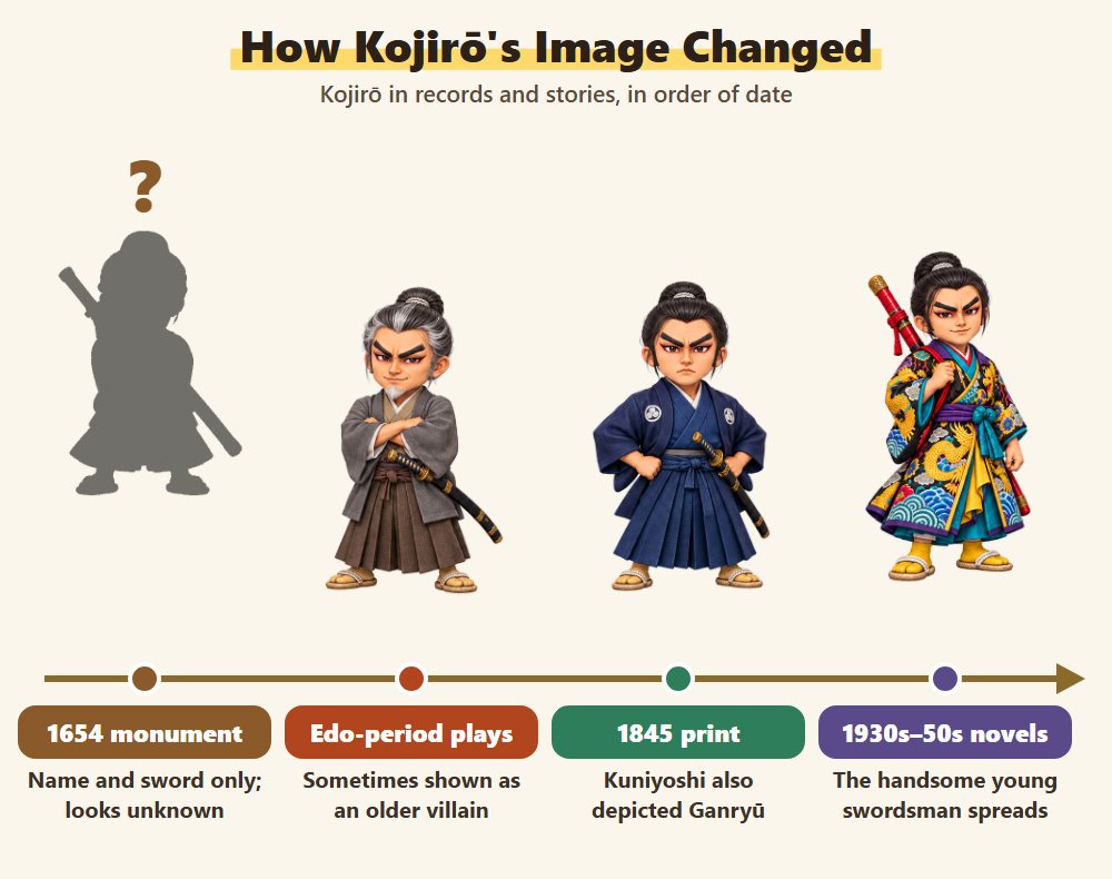 How Kojiro's image changed: a shadow for the 1654 monument that tells us nothing of his looks, an older swordsman in Edo-period plays, an adult swordsman in an 1845 print, and a handsome young swordsman in Showa-era novels