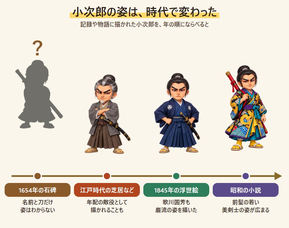 小次郎の姿の移り変わり。1654年の石碑の、姿がわからない岩流を表す影、江戸時代の芝居の年配の剣客、1845年の浮世絵の大人の剣士、昭和の小説の前髪の若い美剣士を並べた図