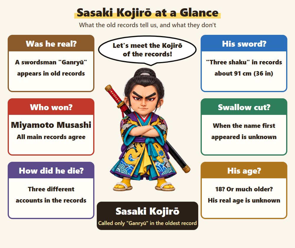 Sasaki Kojiro at a glance: Kojiro with a long sword on his back and arms folded, surrounded by short answers on whether he was real, who won, how he died, his sword, the swallow cut and his age