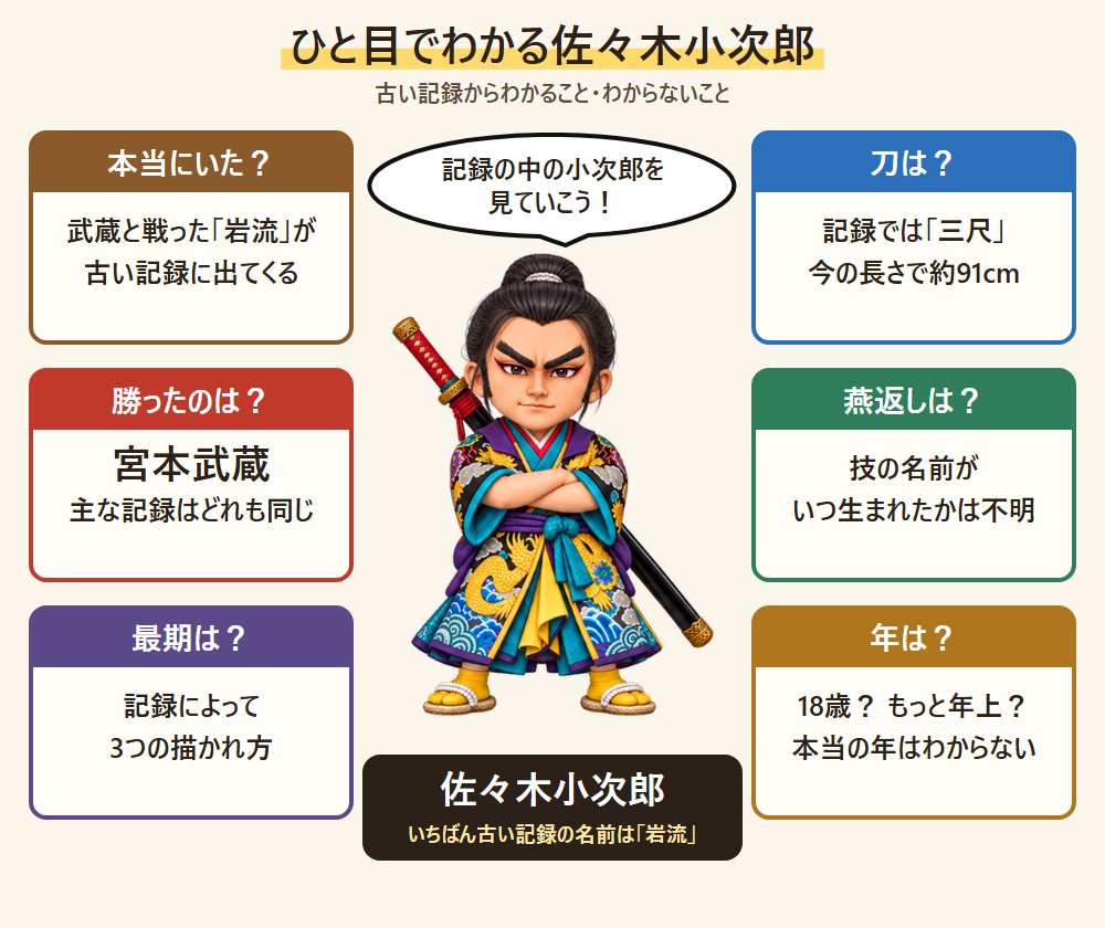 ひと目でわかる佐々木小次郎。長い刀を背負って腕を組む小次郎のまわりに、本当にいたか・勝ったのは・最期・刀・燕返し・年齢の答えを並べた図