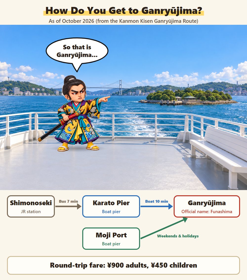 How to get to Ganryujima: bus from Shimonoseki Station to Karato, then a boat from Karato Pier to the island, with Kojiro alone on the boat pointing at the island