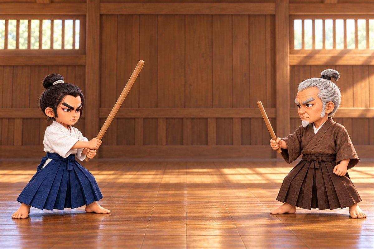 道場で、短い木刀を構える年配の師匠と、長い木刀を構える少年の小次郎