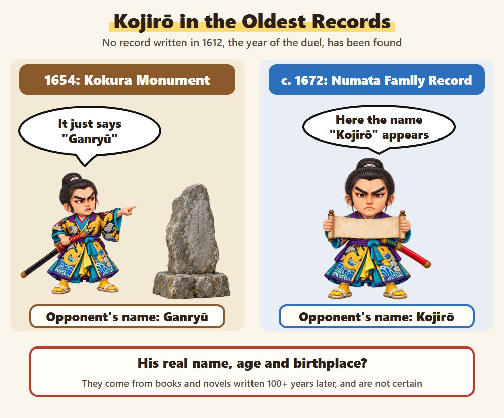 Kojiro in the oldest records: Kojiro points out that the 1654 stone monument calls him only Ganryu and that the Numata family record of around 1672 gives the name Kojiro