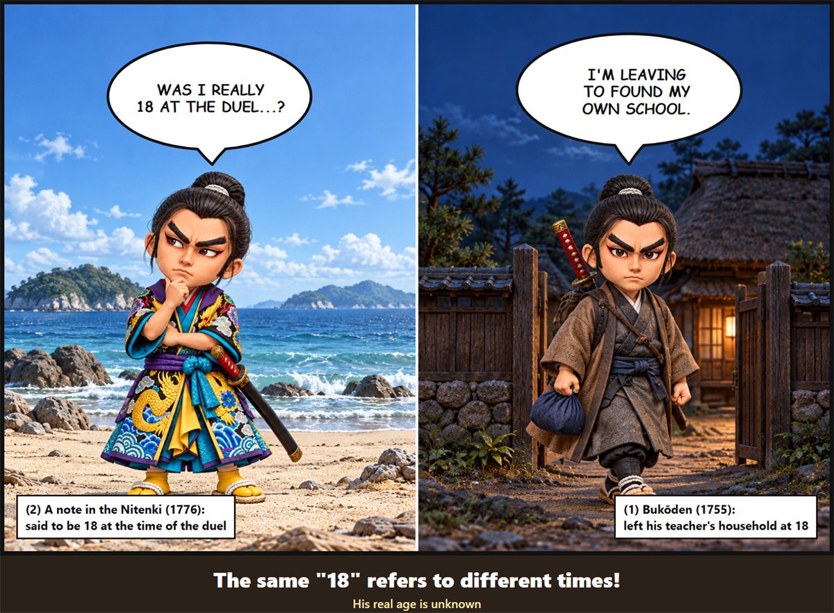 Two-panel manga comparing two 'age 18's: a young Kojiro leaving his teacher's house at night, and Kojiro on the beach of Ganryujima wondering whether he was 18 at the time of the duel