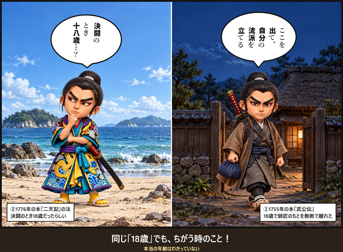 2つの18歳をくらべる2コマの漫画。夜に師匠の家を出ていく旅じたくの小次郎と、巌流島の浜で首をかしげる小次郎