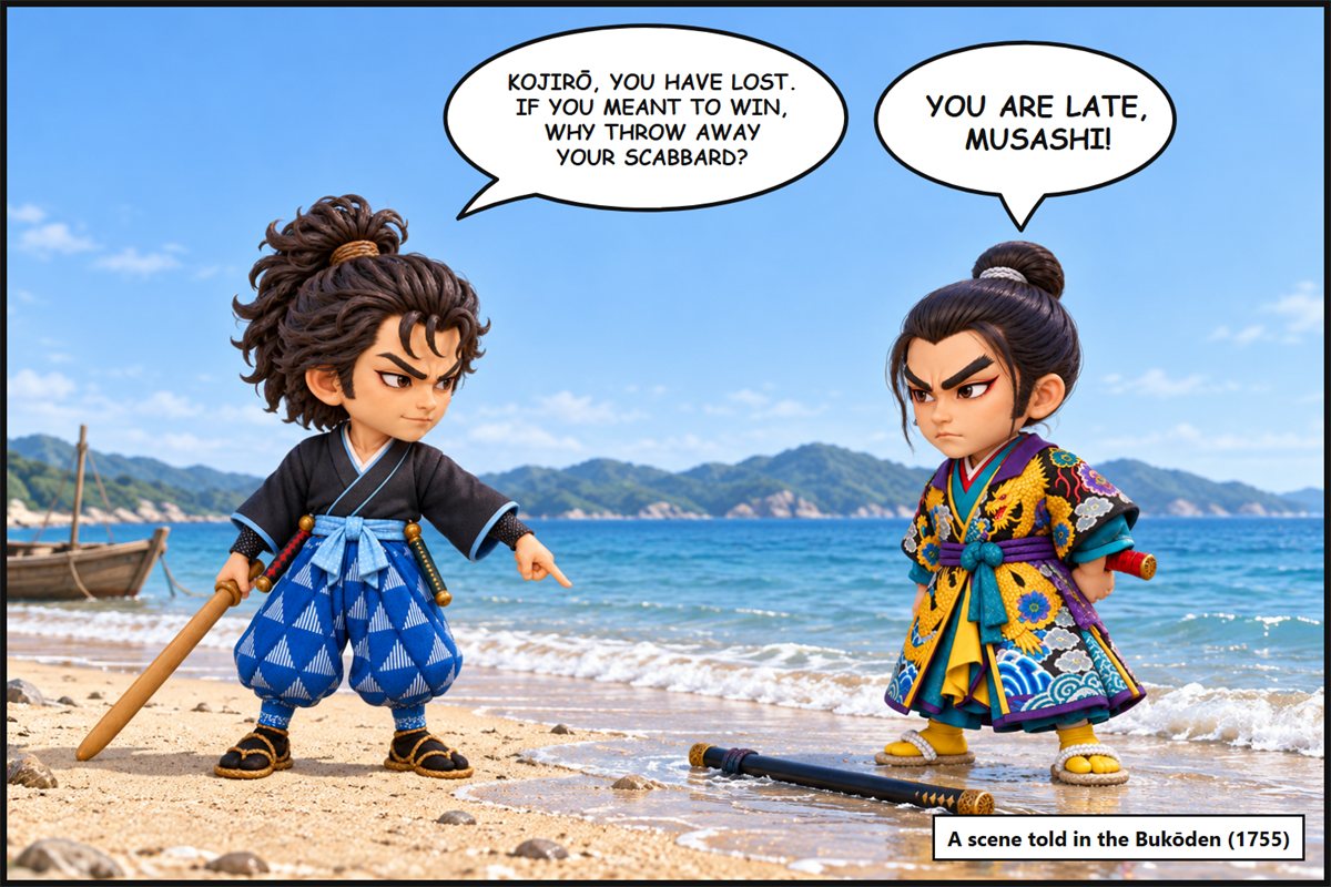 Manga panel. On the beach of Ganryujima, Kojiro says, 'You are late, Musashi!' Musashi points at the scabbard Kojiro threw into the water and says, 'Kojiro, you have lost. If you meant to win, why throw away your scabbard?'