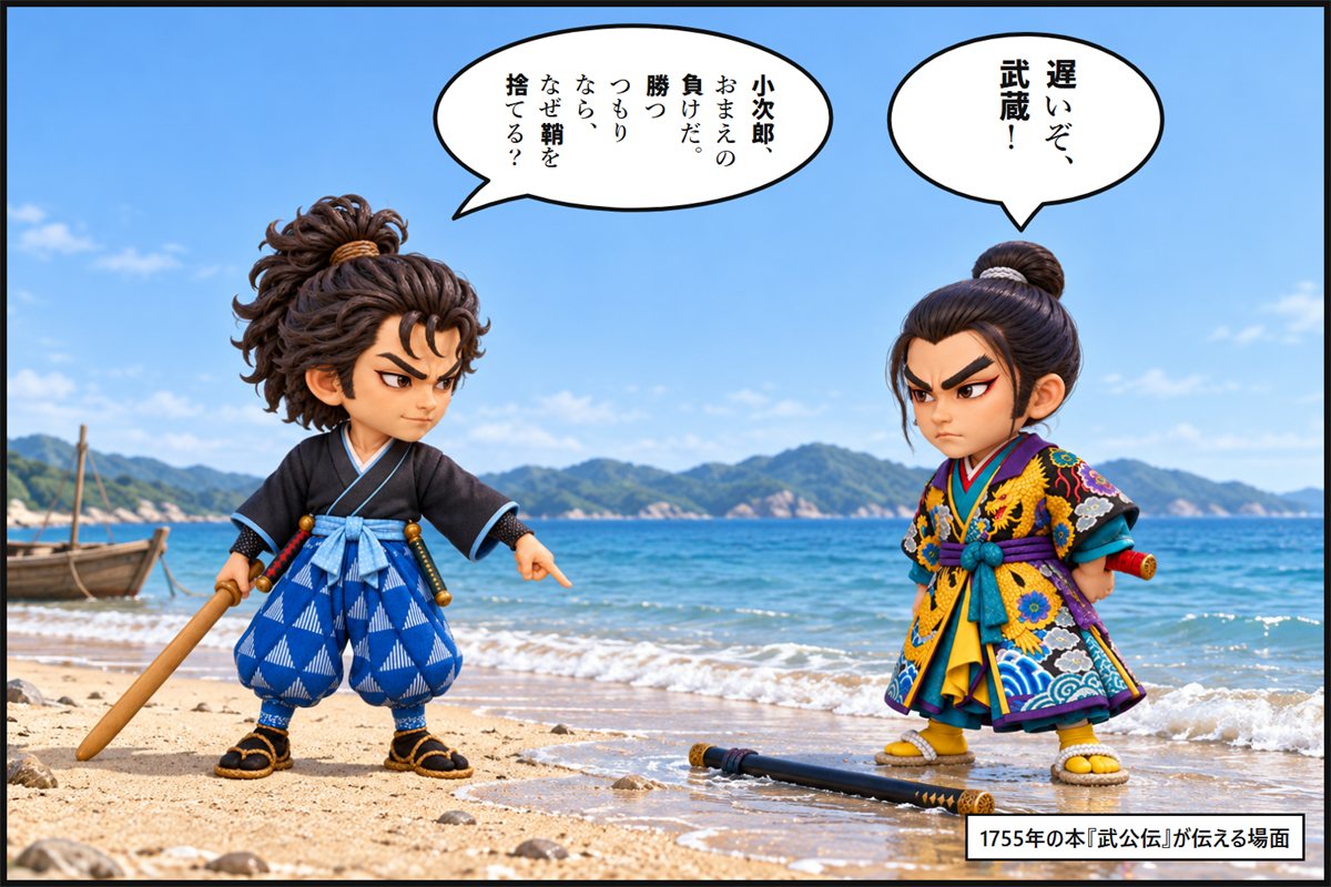 巌流島の浜で、鞘を投げ捨てた小次郎と、それを指さす宮本武蔵の漫画のコマ