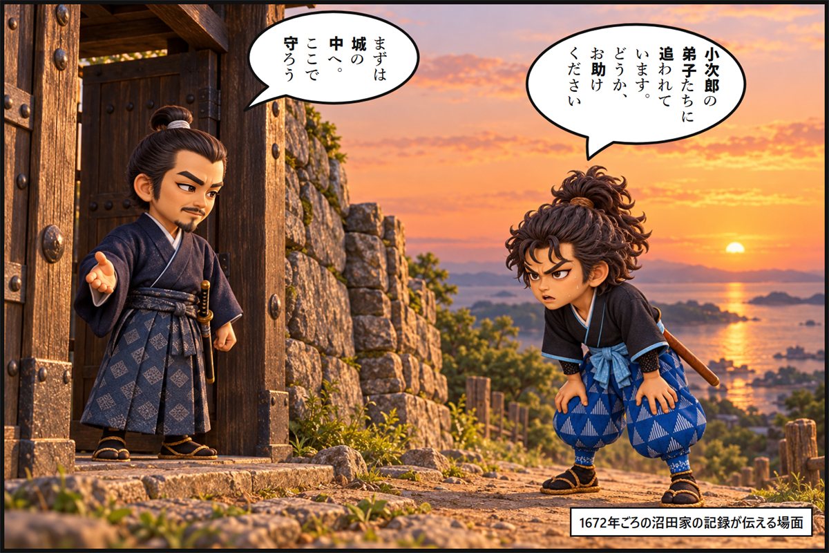 門司城の門の前で、息を切らして助けを求める宮本武蔵と、門の内へ招く城の守り役の沼田延元の漫画のコマ