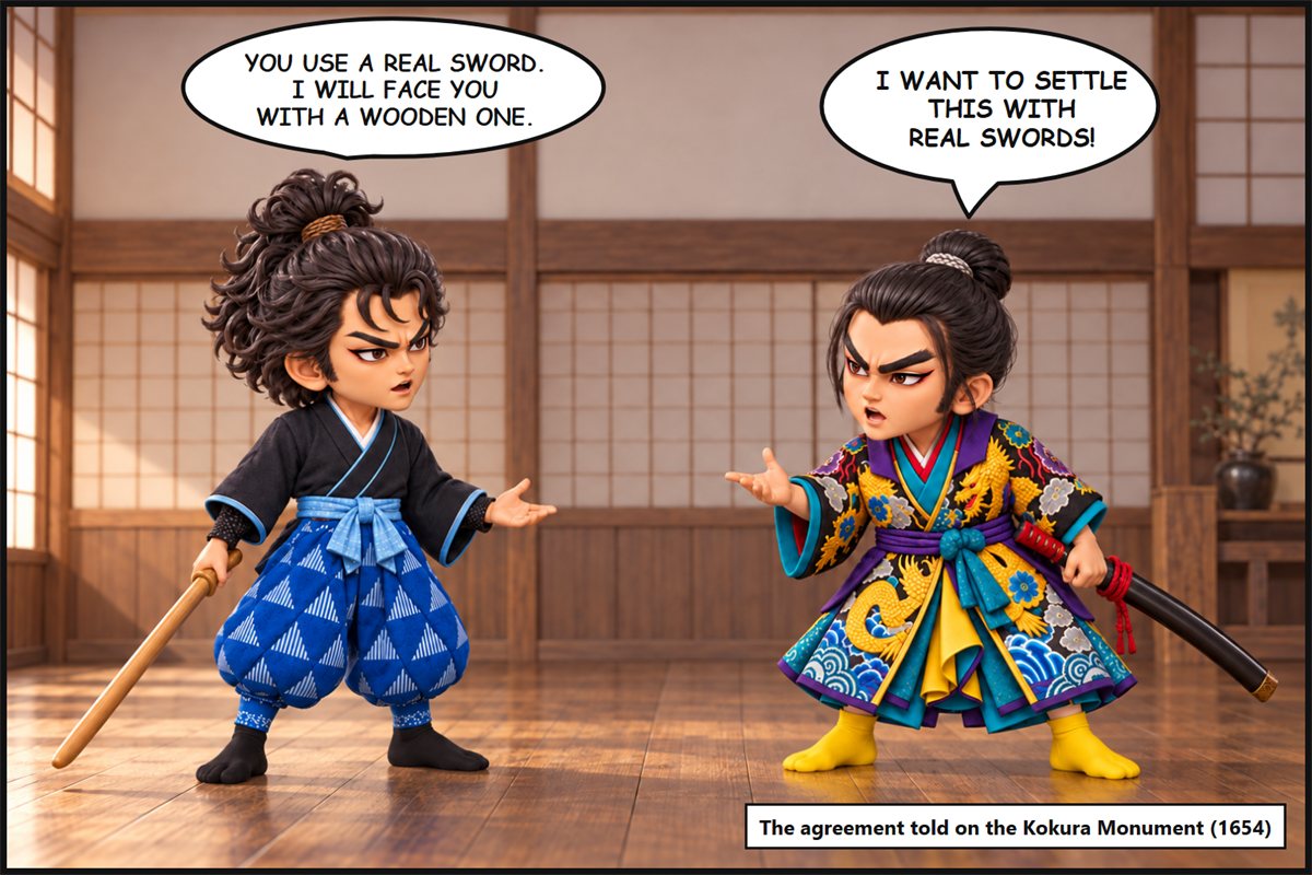 Manga panel. In a wooden-floored room, Ganryu says, 'I want to settle this with real swords.' Musashi answers, 'You use a real sword. I will face you with a wooden one.'
