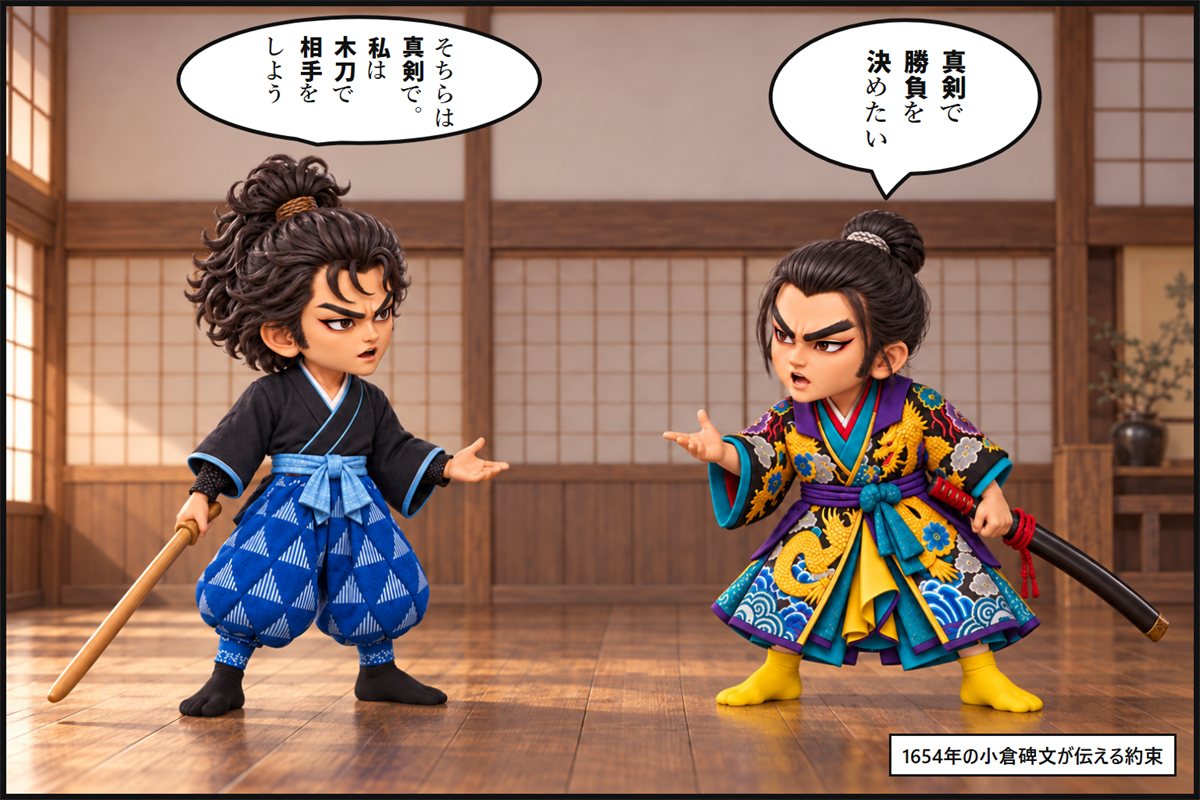 板の間で向かい合い、真剣と木刀で勝負することを約束する岩流と宮本武蔵の漫画のコマ