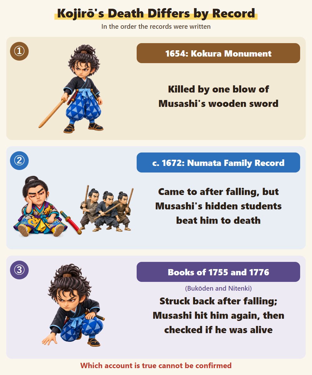 Three accounts of Kojiro's death in the order they were written: killed by one blow of Musashi's wooden sword (1654), revived and then beaten to death by Musashi's hidden students (around 1672), and struck again after a counterattack (1755 and 1776)