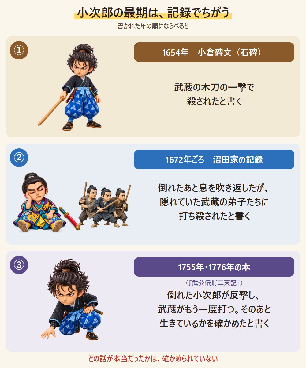 記録によってちがう小次郎の3つの最期を、1654年の石碑、1672年ごろの沼田家の記録、1755年と1776年の本の順に3コマで並べた図