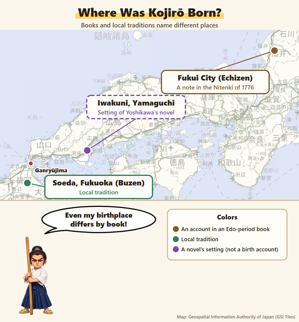 Map comparing Kojiro's birthplace traditions, Fukui City and Soeda in Fukuoka Prefecture, with the fictional Iwakuni setting from Yoshikawa's novel, shown in a different color