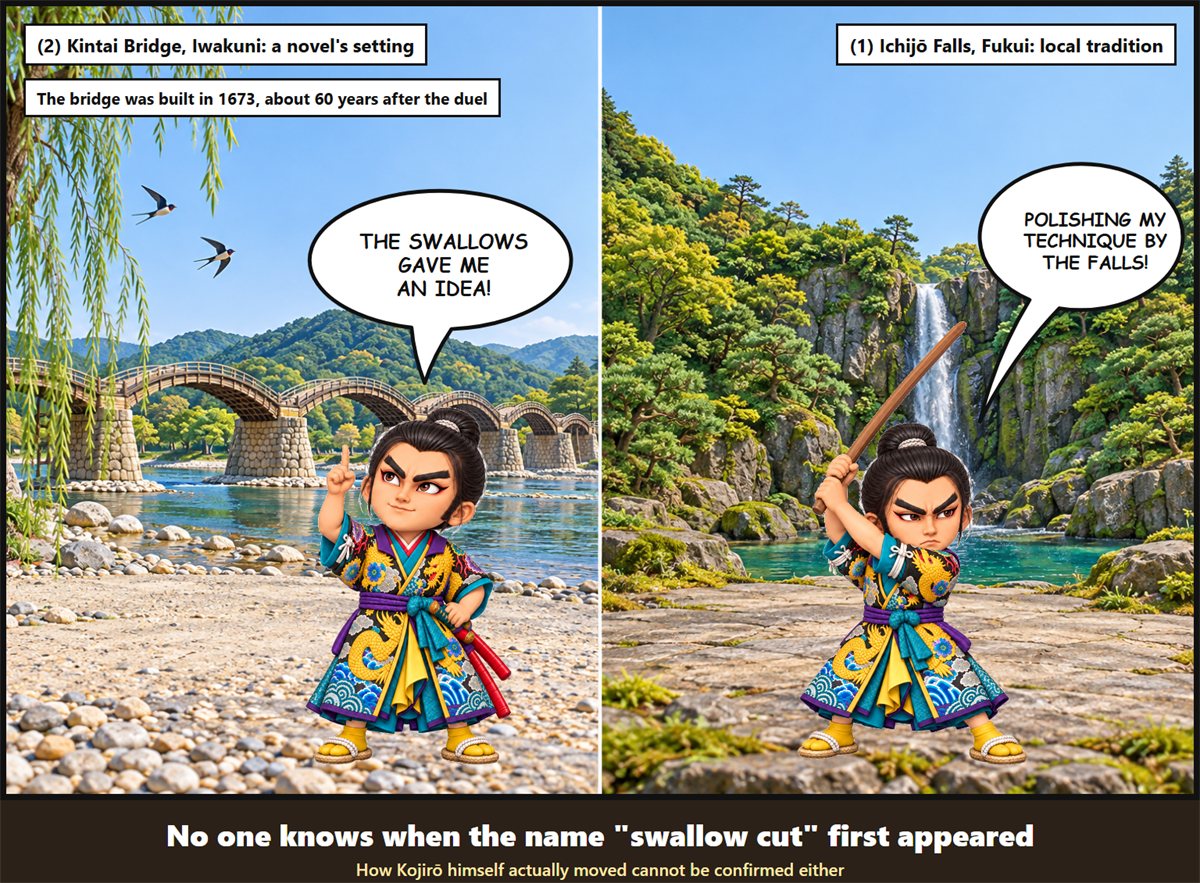 Two panels on the swallow cut: Kojiro swinging a wooden sword in front of Ichijo Falls in Fukui, and Kojiro getting an idea from the swallows near the Kintai Bridge in Iwakuni