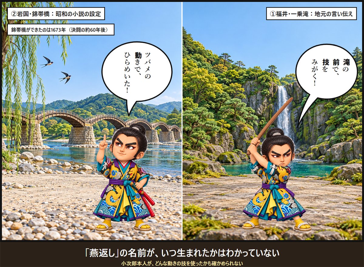 燕返しの話の2コマ。福井の一乗滝の前で木刀をふりかぶる小次郎と、岩国の錦帯橋の近くでツバメを見てひらめく小次郎