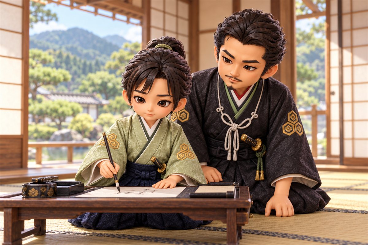 小谷城の屋敷の一室で、机に向かって筆で字を書く万福丸と、うしろからやさしく見守る父・浅井長政のイラスト