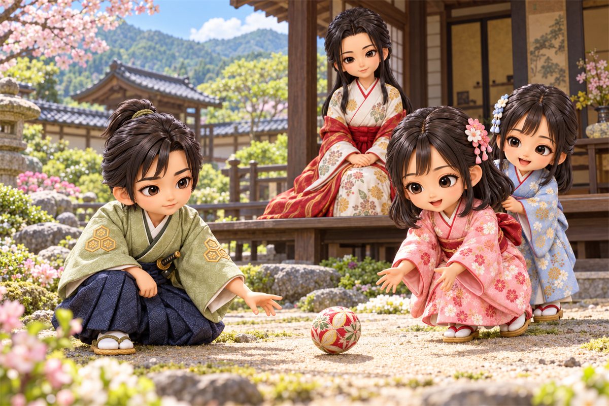 屋敷の庭で、万福丸が幼い茶々に手まりを転がし、初が笑ってのぞき、縁側でお市の方が見守っているイラスト