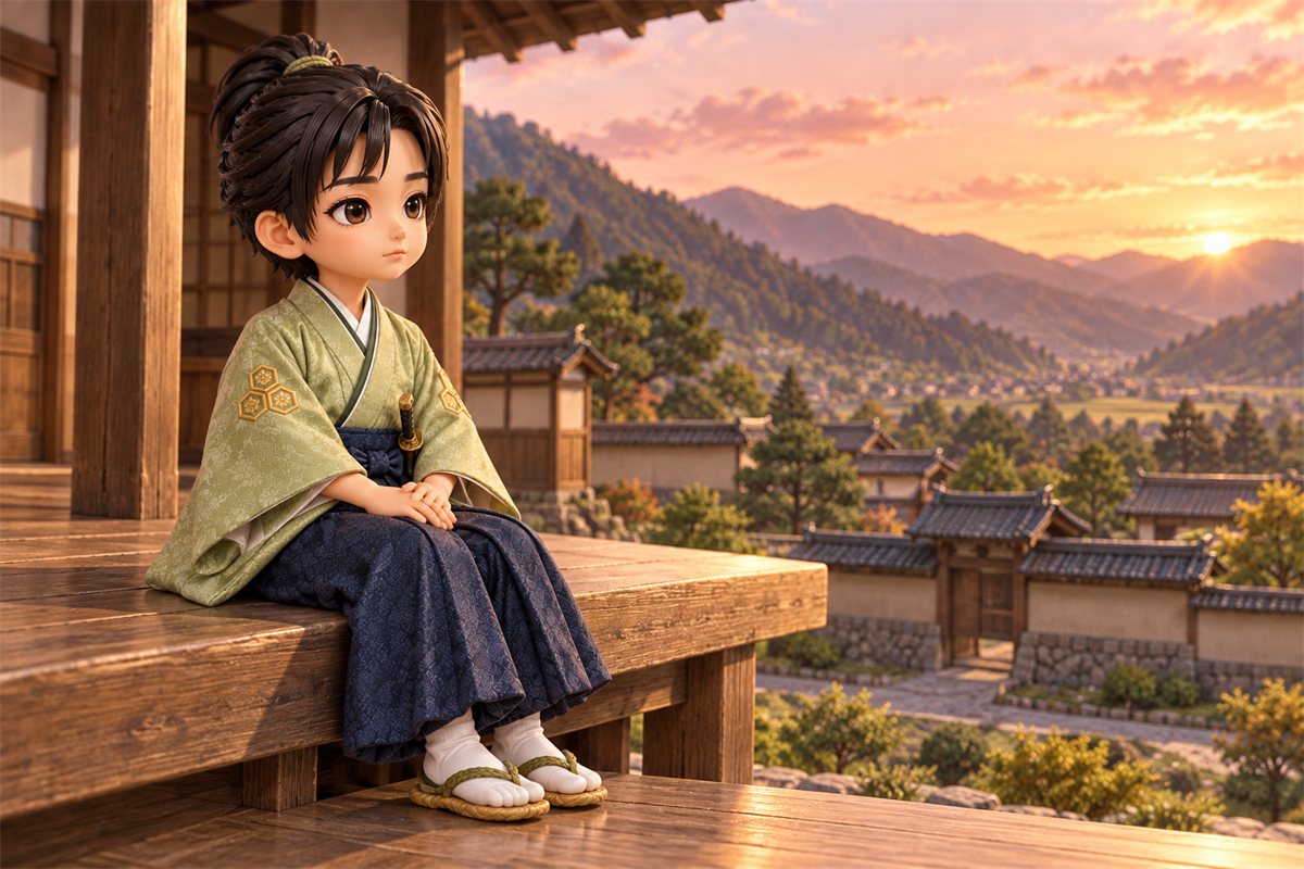 山にかこまれた館の縁側に座り、夕方の遠くの山を見つめる万福丸のイラスト