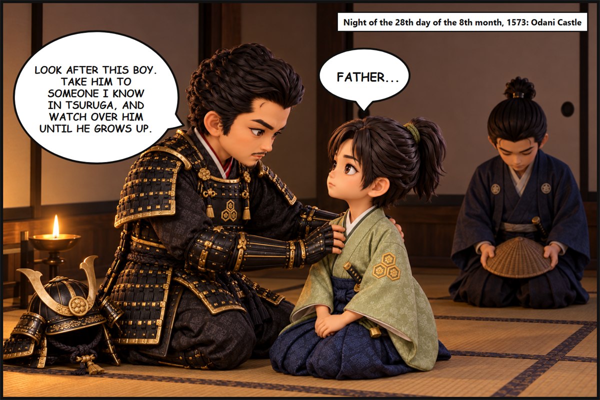 Manga panel. In a room lit by an oil lamp, Azai Nagamasa in armor rests his hands on Manpukumaru's shoulders while a retainer bows behind them. Nagamasa says, 'Look after this boy. Take him to someone I know in Tsuruga, and watch over him until he grows up.' Manpukumaru says, 'Father...'