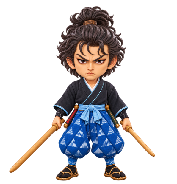 Illustration of Miyamoto Musashi facing forward with two wooden swords lowered