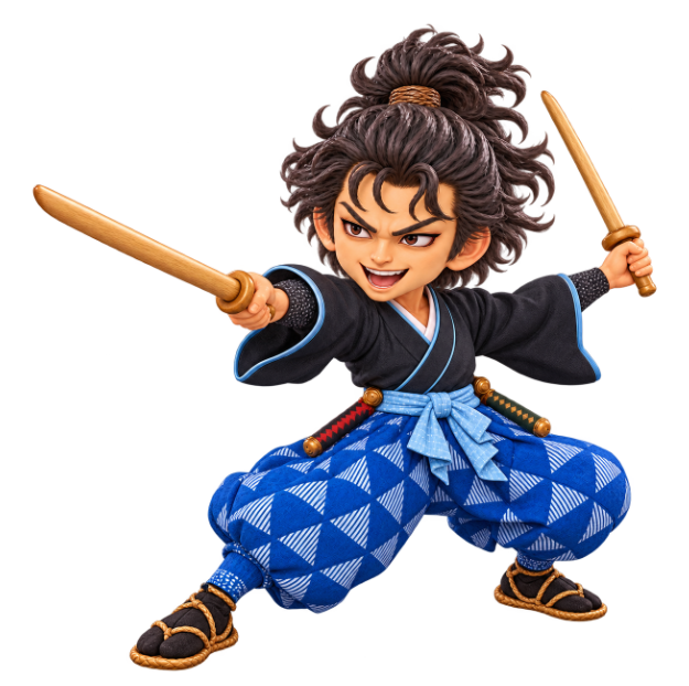 Illustration of Miyamoto Musashi laughing as he swings two wooden swords