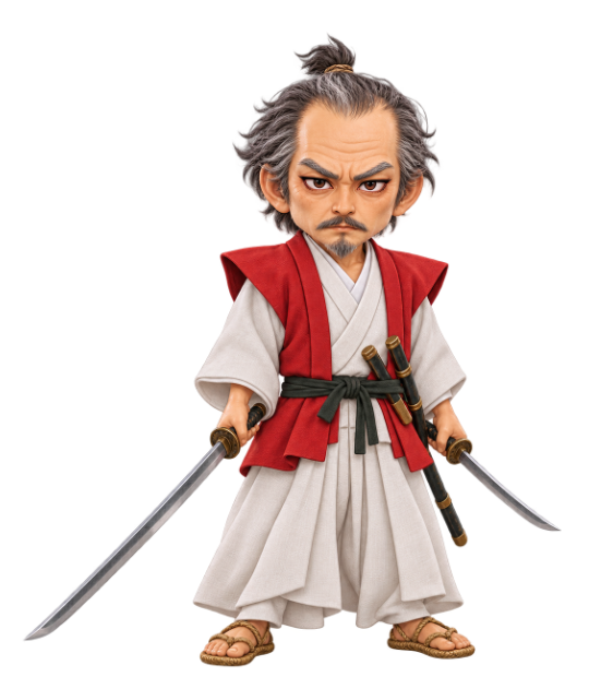 Illustration of an older Miyamoto Musashi with graying hair, holding two swords at his sides