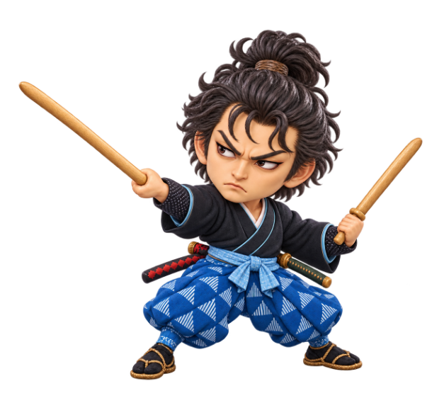 Illustration of Miyamoto Musashi holding two wooden swords in a fighting stance