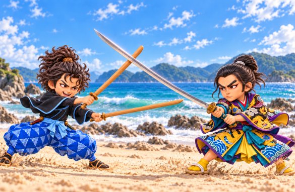 Illustration of Miyamoto Musashi with two wooden swords fighting Sasaki Kojiro, who swings a long sword, on a beach