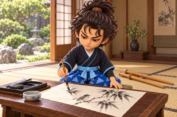 Illustration of Miyamoto Musashi painting a bird and bamboo in ink in a tatami room