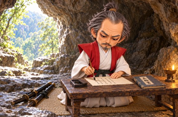 Illustration of an older Miyamoto Musashi writing with a brush at a desk inside a cave