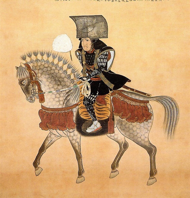 Portrait of Kuroda Nagamasa on horseback wearing a helmet