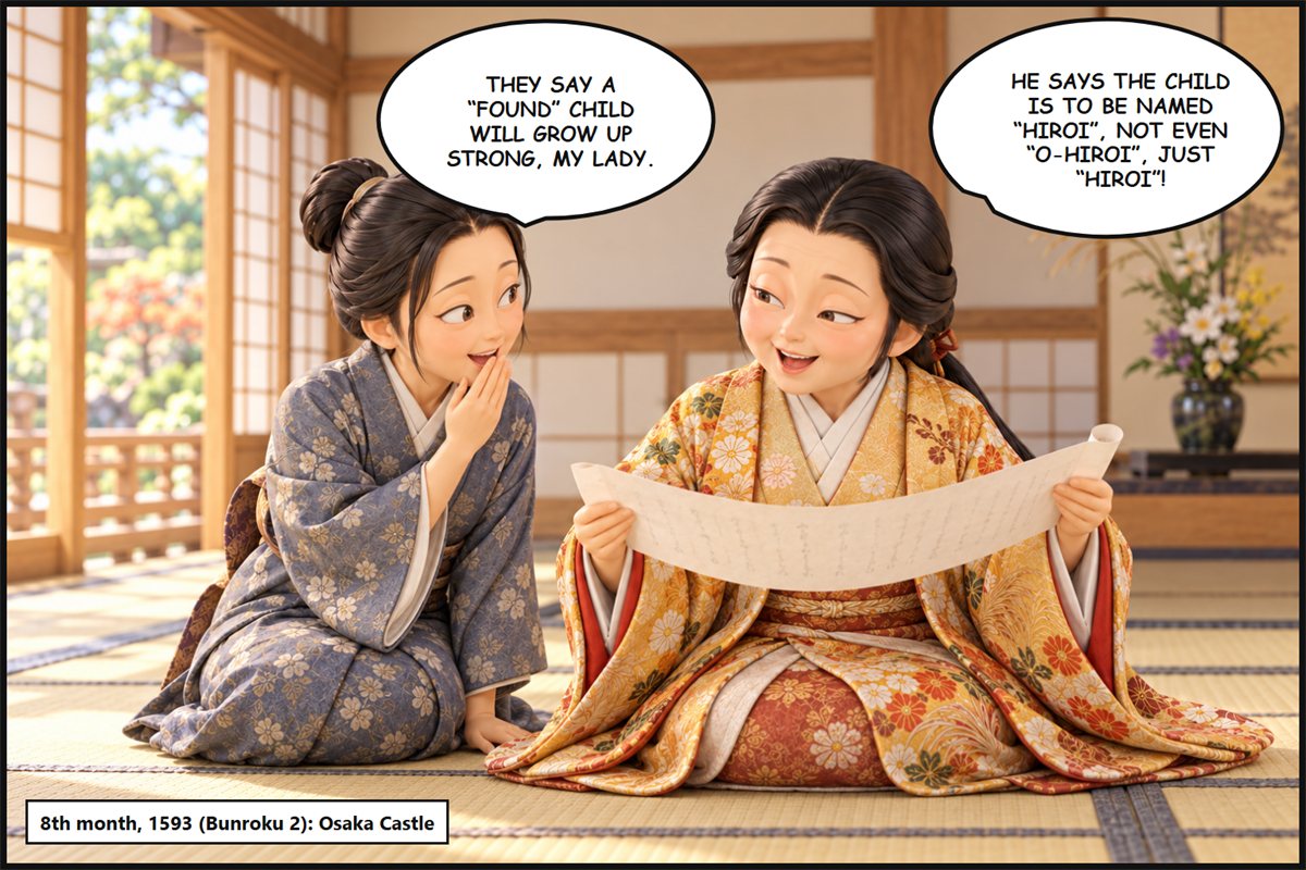 Manga panel. In a room of Osaka Castle, Kita no Mandokoro reads aloud a letter from Hideyoshi: 'He says the child is to be named Hiroi, not even O-Hiroi, just Hiroi!' A lady-in-waiting leans in and says, 'They say a found child will grow up strong, my lady.'