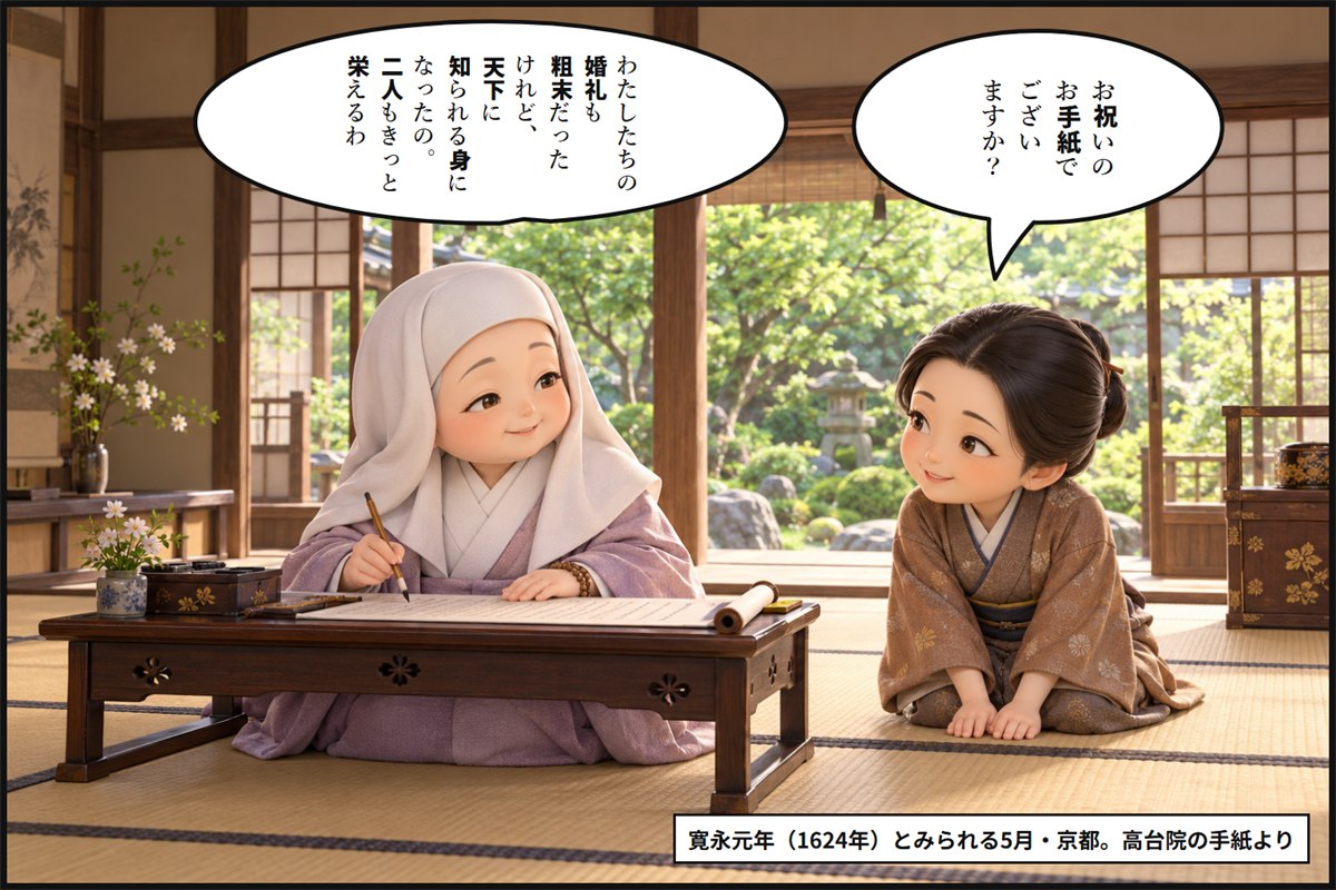 尼の姿の高台院が文机で甥たちの子の婚礼を祝う手紙を書き、侍女がのぞきこむ漫画のコマ