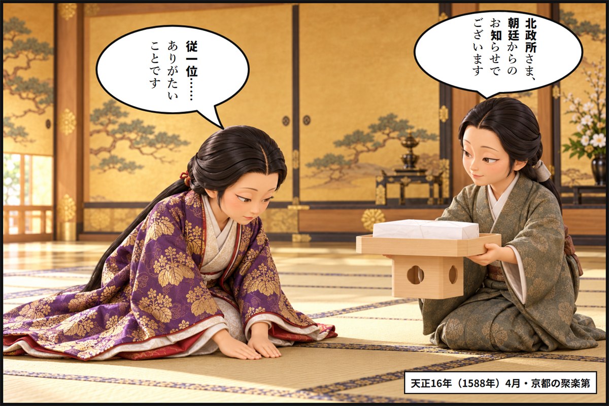 金の襖の座敷で、侍女が台にのせた朝廷の文書をさし出し、北政所がかしこまって受け取る漫画のコマ