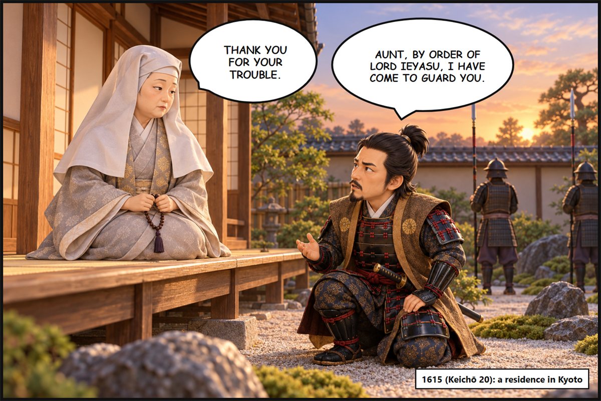 Manga panel. At a residence in Kyoto in the evening, Kinoshita Toshifusa in armor kneels in the garden and reports, 'Aunt, by order of Lord Ieyasu, I have come to guard you.' Kōdai-in, dressed as a nun on the veranda, answers, 'Thank you for your trouble.'
