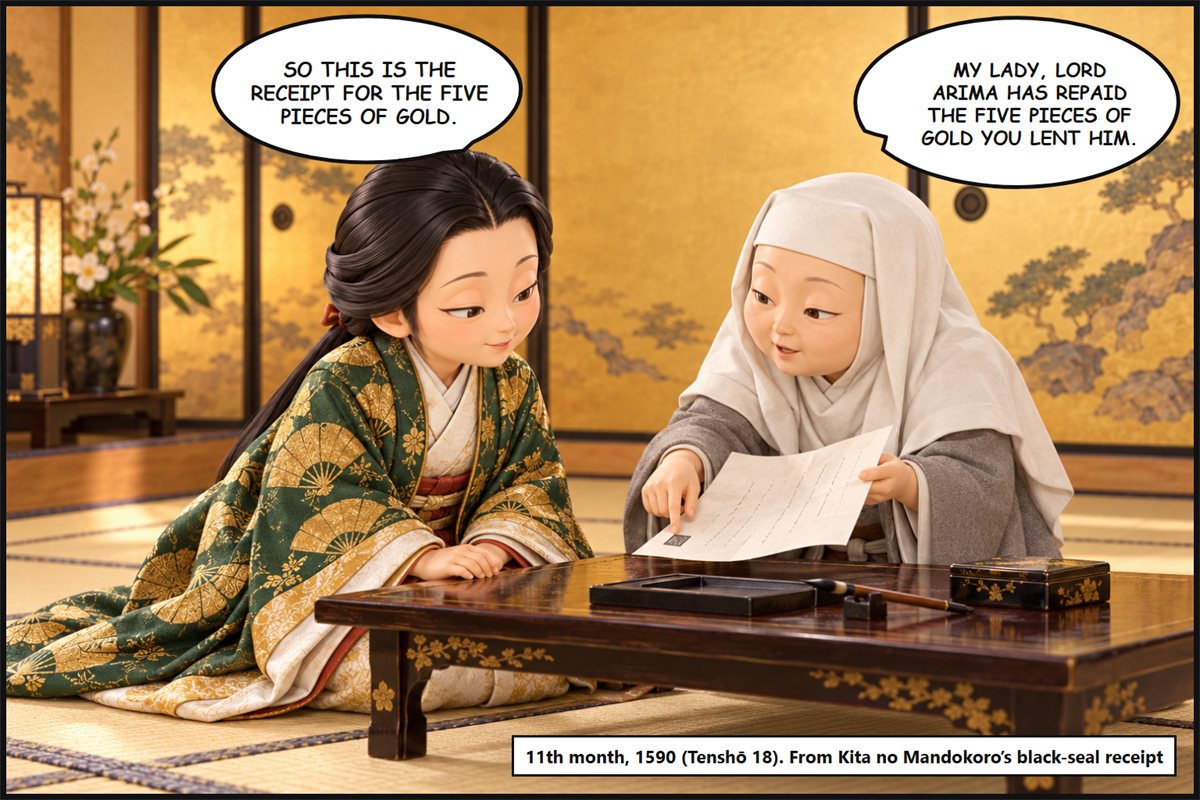 Manga panel. In an inner room, the lady-in-waiting Kōzōsu spreads out a receipt bearing a black seal and says, 'My lady, Lord Arima has repaid the five pieces of gold you lent him.' Kita no Mandokoro checks it and says, 'So this is the receipt for the five pieces of gold.'