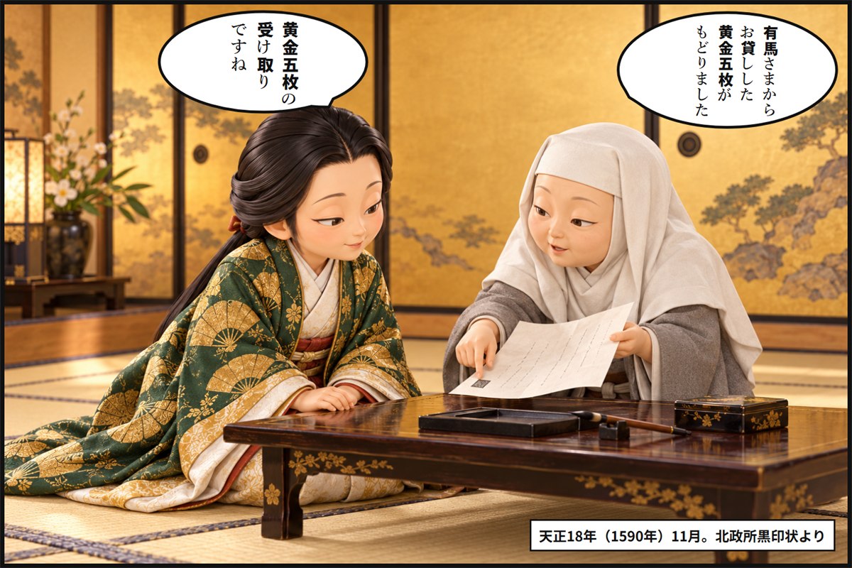 奥の部屋で、侍女の孝蔵主が黒い印のある受取状を広げ、北政所といっしょに確かめる漫画のコマ