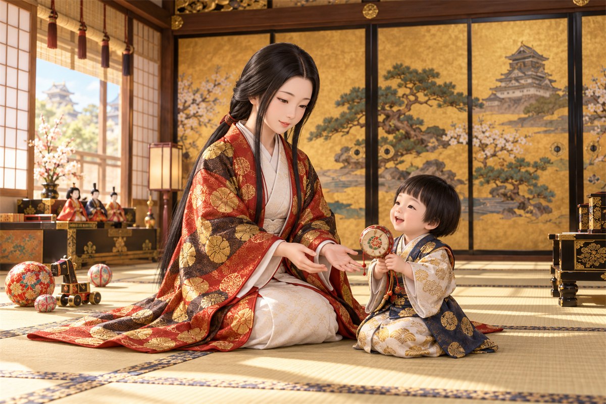 大坂城の座敷で、打掛を着た茶々が幼い秀頼に両手をさしのべてあやすイラスト