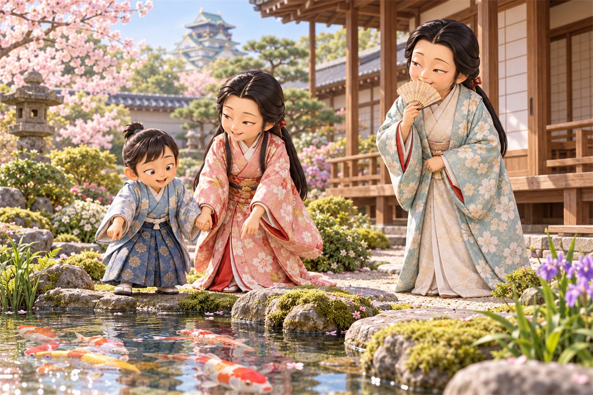 大坂城の庭で、少女の豪姫が幼い秀秋の手を引いて池の鯉を見せ、北政所が見守るイラスト