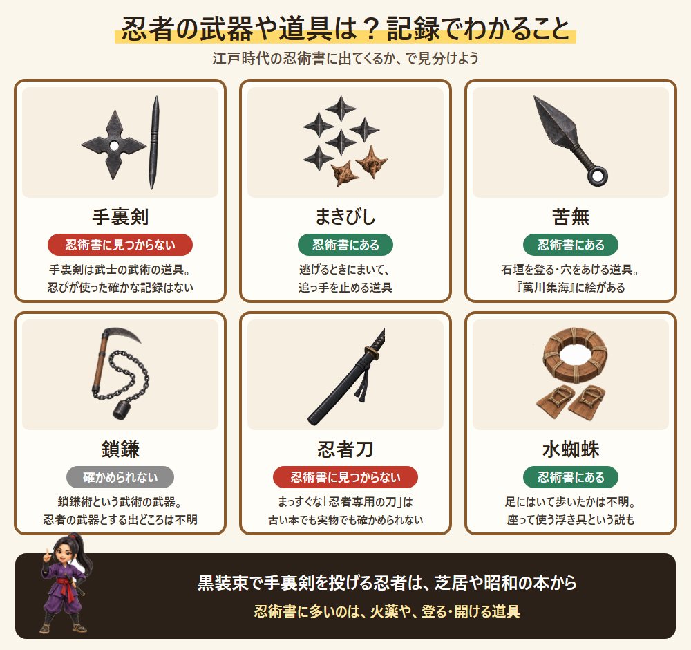 忍者の武器や道具の早見図。手裏剣・まきびし・苦無・鎖鎌・忍者刀・水蜘蛛が、忍術書に出てくるかどうかを示した図