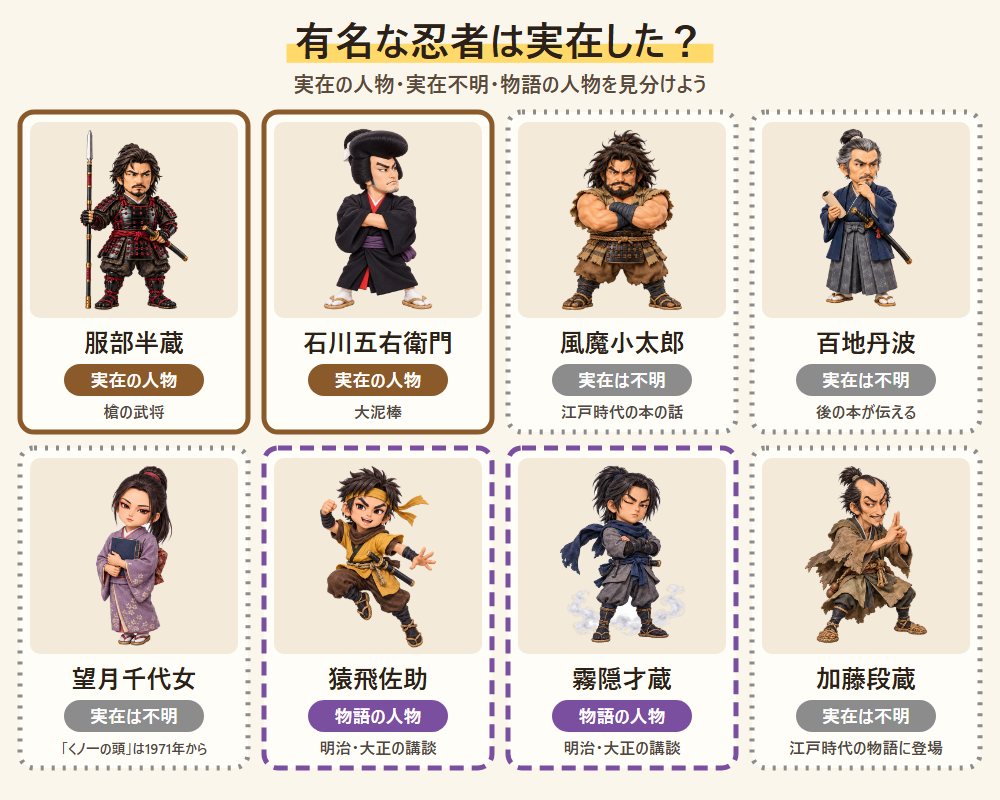 有名な忍者8人の実在チェック。服部半蔵と石川五右衛門は実在の人物、風魔小太郎・百地丹波・望月千代女は実在不明、猿飛佐助・霧隠才蔵・加藤段蔵は物語の人物