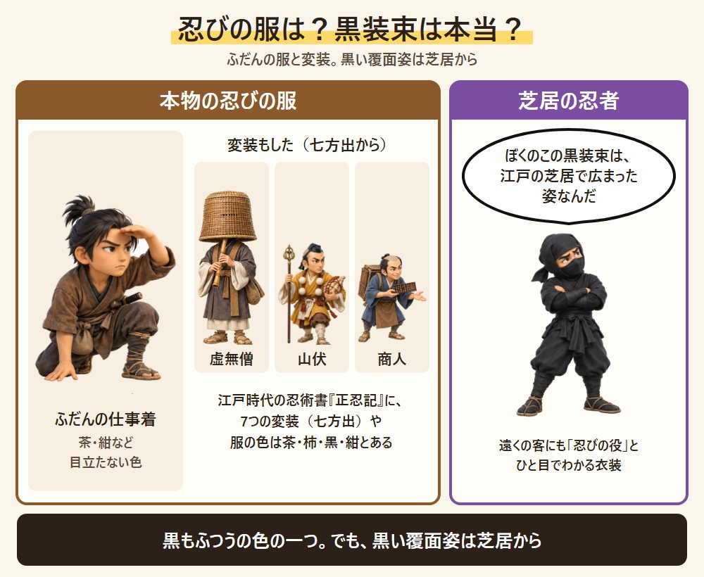忍びの服装の図。茶色の仕事着の本物の忍びと、虚無僧・山伏・商人への変装、芝居で広まった黒装束の忍者をくらべた図
