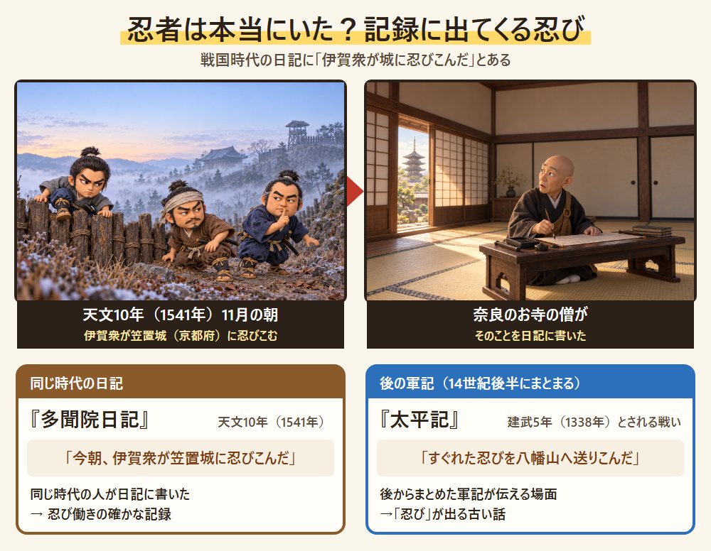 記録に出てくる忍び。天文10年の朝に笠置城の柵を越える伊賀衆3人と、奈良の寺で日記を書く僧の絵、多聞院日記と太平記の原文を並べた図