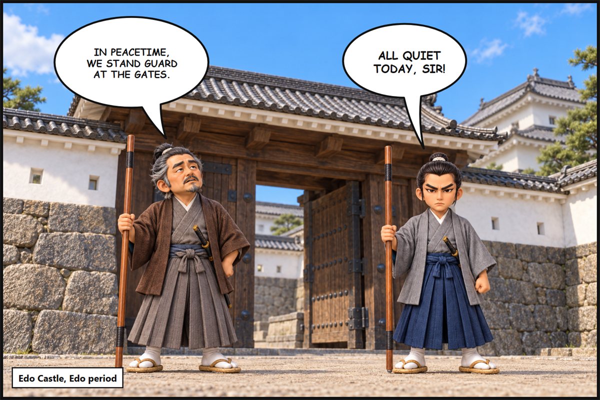 Manga panel. Two Iga-mono guard a gate of Edo Castle. The young one says, 'All quiet today, sir!' The older one says, 'In times of peace, our job is just guarding a gate, eh?'