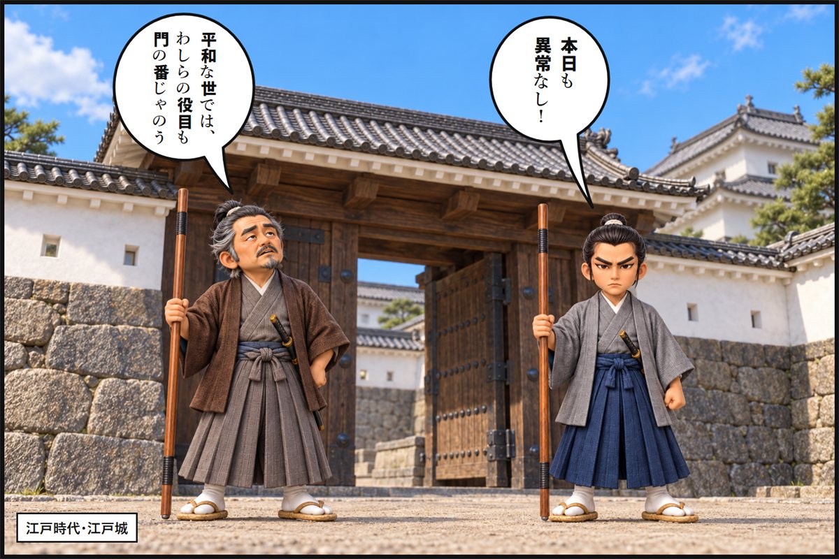江戸城の門の前で、六尺棒を持って番をする2人の伊賀者の漫画のコマ