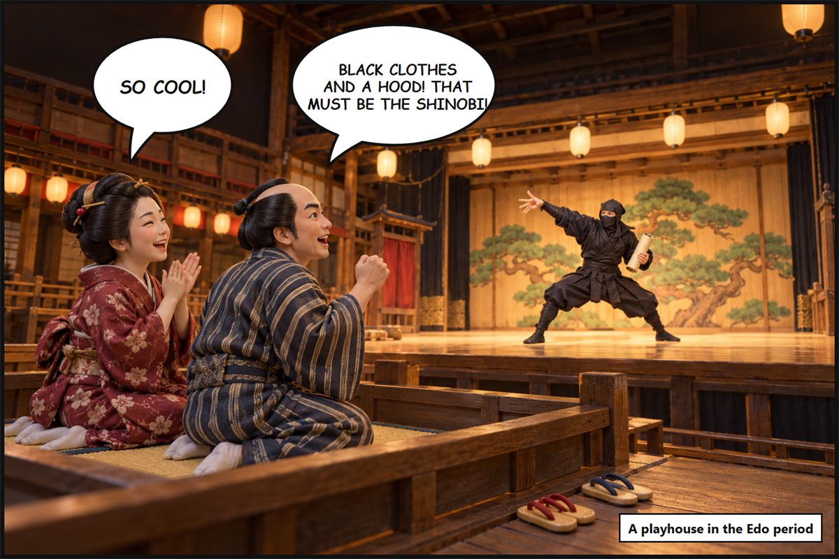 Manga panel. In an Edo-period playhouse, a man watching a black-clad ninja on stage says, 'Black clothes and a hood! That's the shinobi role!' A woman beside him says, 'So cool!'