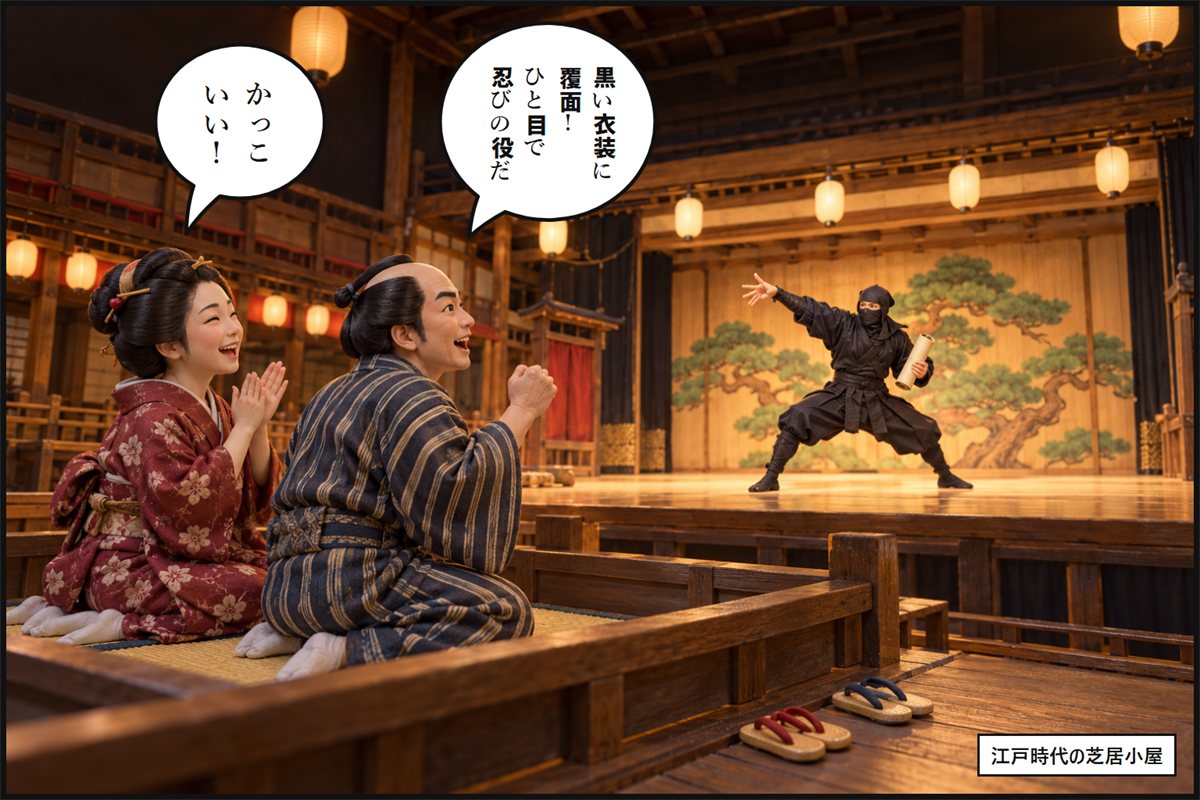 江戸時代の芝居小屋で、舞台の黒装束の忍者役を見て喜ぶ町人の客2人の漫画のコマ